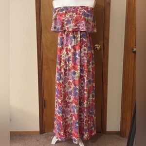 Japna Floral Strapless Maxi Dress in Coral, Purple & Cream